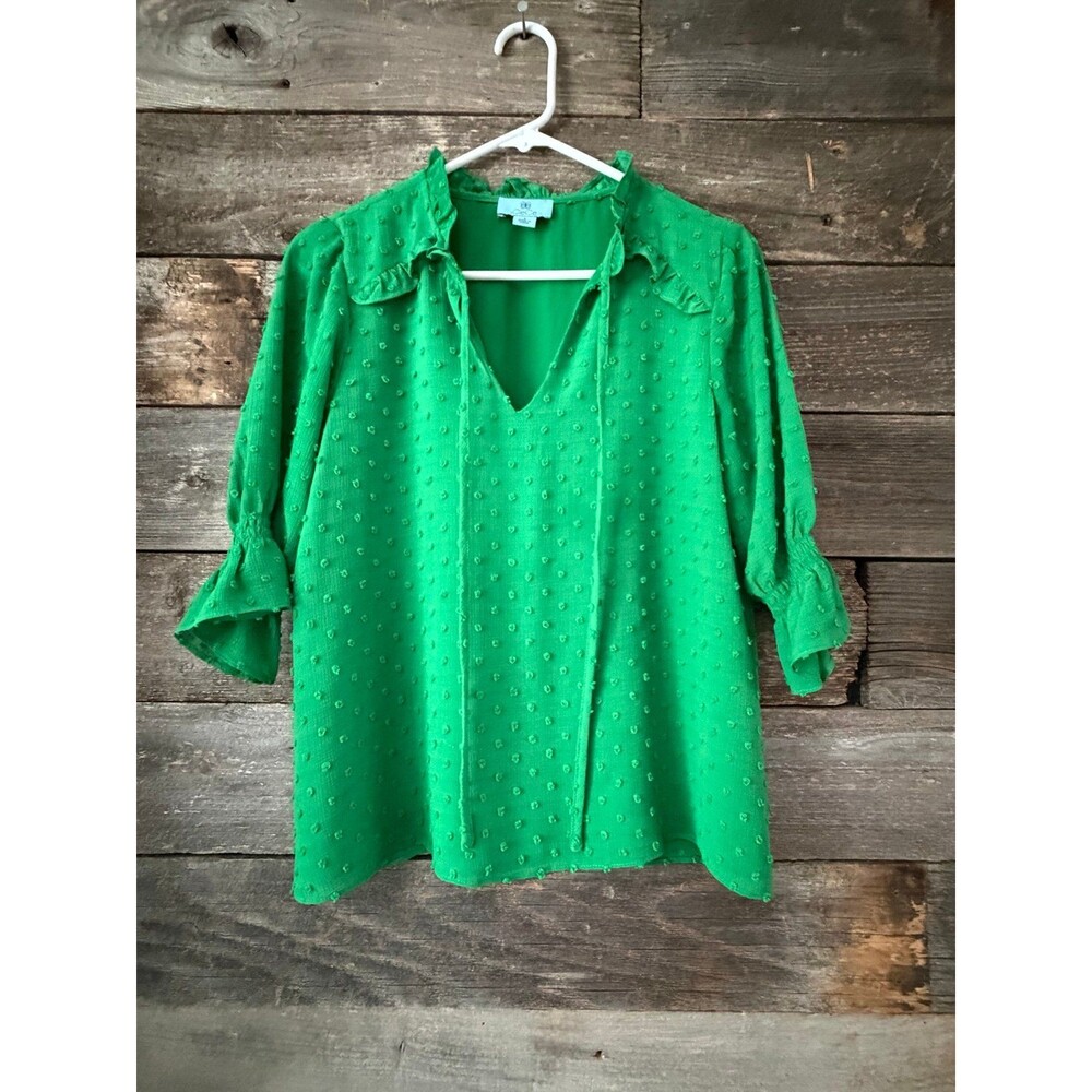 CeCe Top Size small Kelly Green Swiss Dot Tie Neck